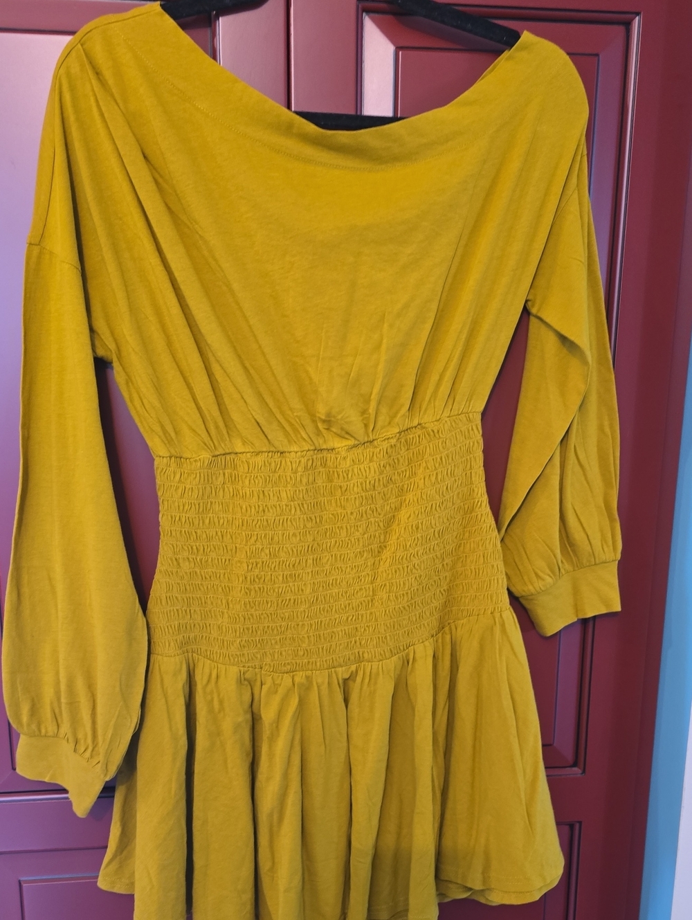 Free People Mustard Smocked-Waist Long Sleeve Dress